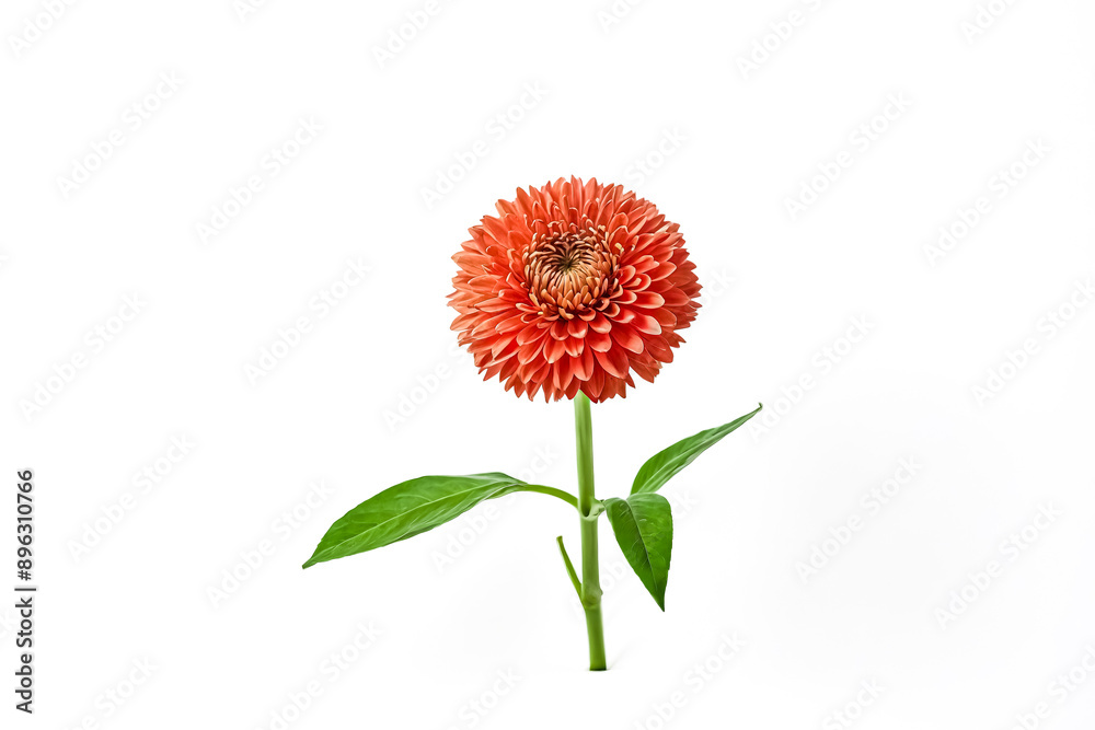 Sticker Single Orange Flower with Green Leaves on a White Background