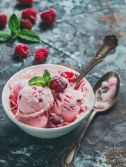 A bowl of raspberry ice cream with a dollop of whipped cream and a sprig of mint.