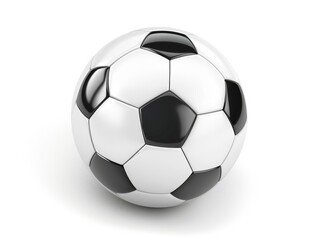 Fototapeta premium 3D rendering of a soccer ball on a white background with a vintage design. The ball's surface is glossy, suggesting motion. It has a solid black color and realistic textures.