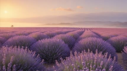 Obraz premium Lavender flowers on a dawn or dusk with blurry flower field background. Bloomy floral template with copy space for adding text or design. 
