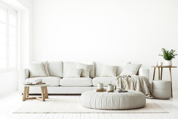 Minimalist living room with white sofa and ottoman