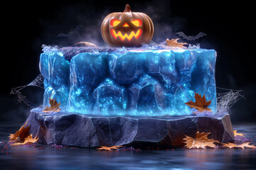 A blue rock with a pumpkin on top of it