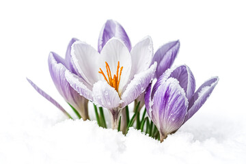 Fototapeta premium Crocus flower blooming in the snow