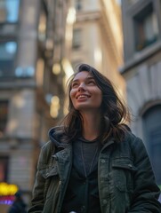 Obraz premium A young woman smiling at the camera while walking on a city street, with tall buildings in the background. She's wearing a jacket and has her hair tied back.