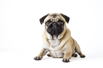 Fototapeta premium Adorable Pug Dog Sitting on White Background