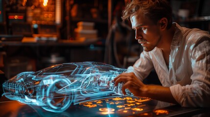 Man Interacting With Holographic Car Design