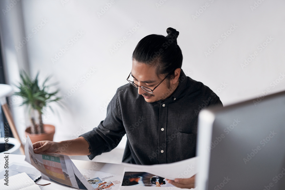 Aufkleber reading, asian man and paperwork at desk with computer for research, email and connection. business,