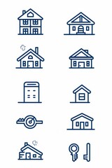 Fototapeta premium A set of real estate web icons in duotone outline stroke design, featuring pictograms like houses