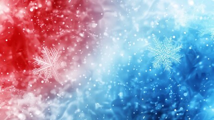 Fototapeta premium Magical winter scene with snowflakes falling against a backdrop of red and blue hues, evoking the beauty and wonder of the season
