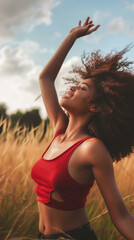 A woman with curly hair smiles as she stands in a field of tall grass with the sun setting in the background