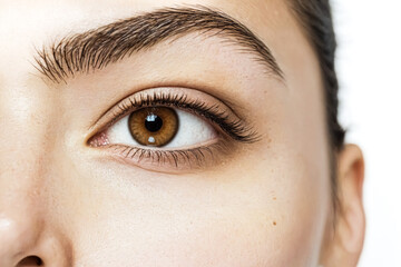 Fototapeta premium Close-up of a woman's eye with brown iris and long eyelashes