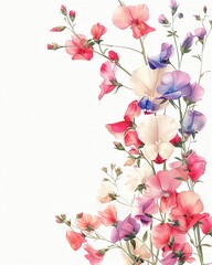 Fototapeta premium Beautiful watercolor flowers in soft pastel shades arranged vertically on a white background. Elegant, delicate, and vibrant floral design.