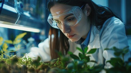 A female scientist examining plant growth in a lab environment