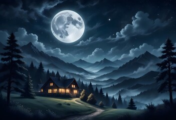 Fototapeta premium A mystical landscape with a full moon in the night sky, surrounded by swirling clouds and mountains in the background. In the foreground, there are silhouettes of trees and houses against the starry s