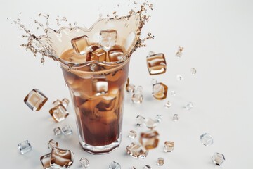 High-energy drink splashing into a glass of ice, creating a dynamic and refreshing beverage scene.
