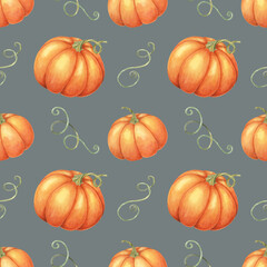 Orange pumpkins and green vines backdrop clipart. Watercolor seamless pattern for use in home decor, event invitations, themed merchandise, and seasonal tableware.