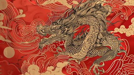 Celebrate the Lunar New Year of the Dragon in 2025 with this design featuring intricate patterns and gold lettering on a red background.