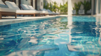 A serene blue swimming pool at a high-end resort. Modern design and clean water invite relaxation.