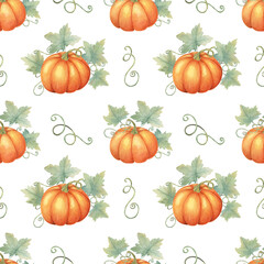 Vibrant orange pumpkins with green foliage clipart. Watercolor seamless pattern great for textile designs, gift wrapping, party supplies, and autumn-inspired stationery
