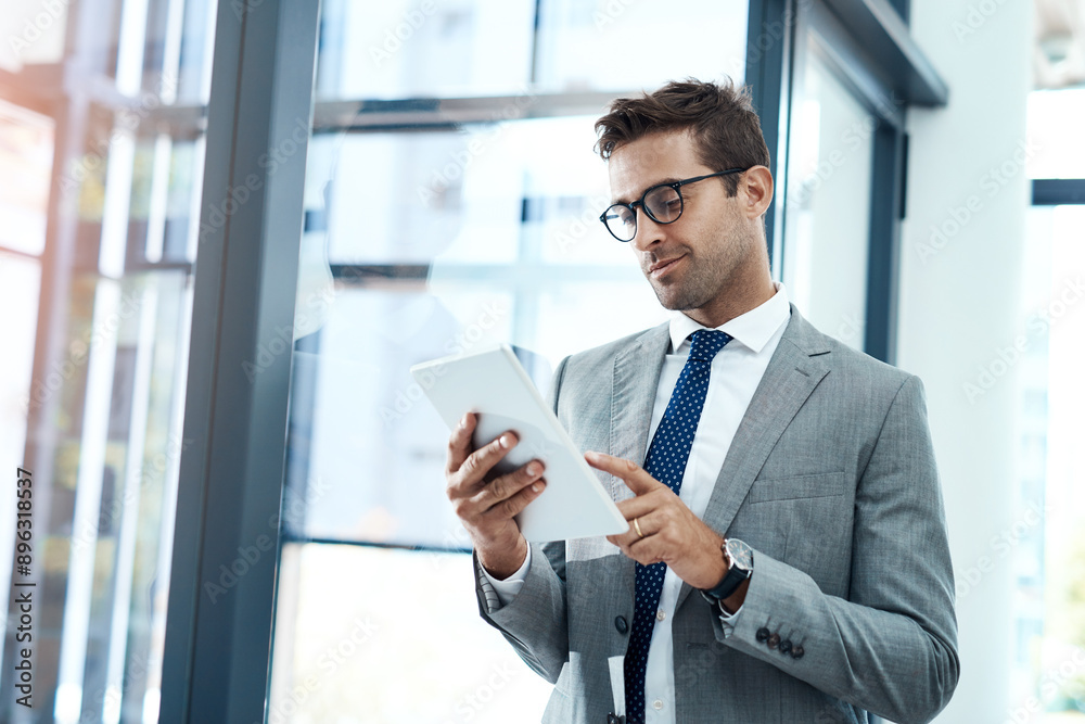 Poster smile, businessman and online with tablet in office for networking, risk assessment and audit prepar