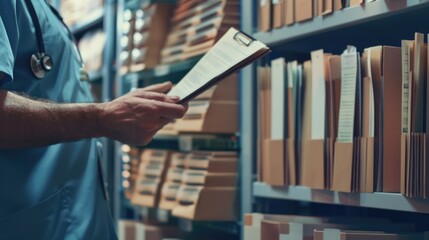 Medical professional reviewing patient records in a well-organized office setting.