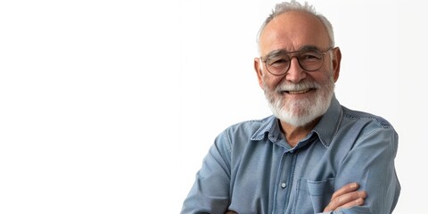 Obraz premium An elderly gentleman in a business suit with glasses, beard and white hair smiling.