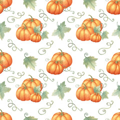 Orange Pumpkins and green leaves in a seamless watercolor pattern. Hand drawn Backdrop Clipart Ideal for creating festive tablecloths, party invitations, gift wrap, and seasonal home decor