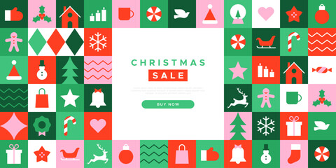 Christmas sale modern geometric banner template. Abstract xmas holiday discount poster with winter decoration. Festive online business promotion, minimalist december event gift shop ad.