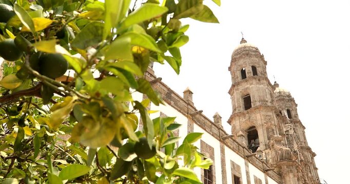 Morning view of the historic downtown church of central downtown Zapopan, Jalisco, Mexico.