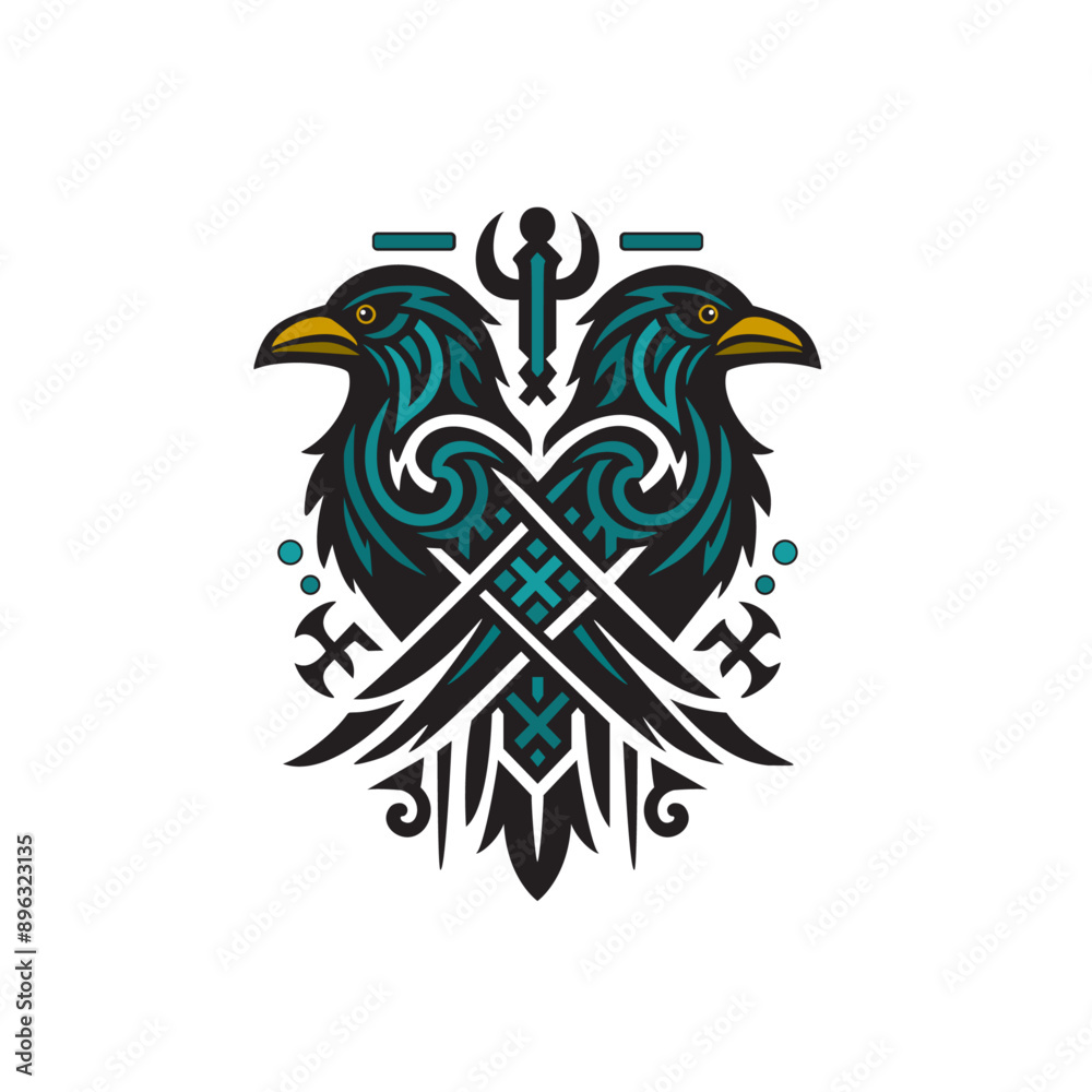 Wall mural A vector logo of two ravens with their wings spread, featuring a symmetrical nordic design with black and teal colors. The theme is fantasy, blending mythology with medieval elements. The style blends