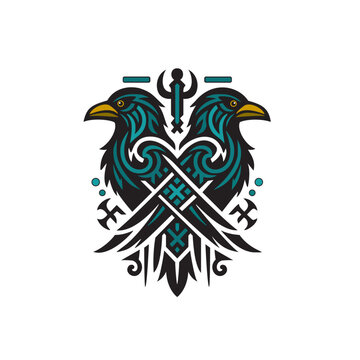 A vector logo of two ravens with their wings spread, featuring a symmetrical nordic design with black and teal colors. The theme is fantasy, blending mythology with medieval elements. The style blends