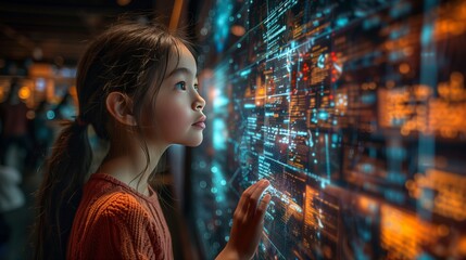 Young Girl Interacting With Digital Library Interface