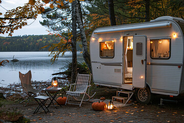 a camper with lights and pumpkins by a lake