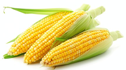 Three fresh corns in a husk with green leaves isolated on a white background.