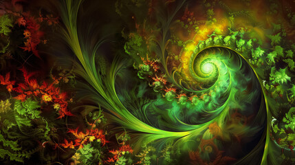 Illustration of graphic spiral ornament in green tones with a fractal structure.