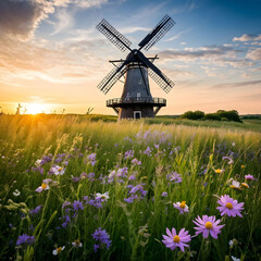 windmill in sunset