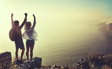 Hiking, view and holding hands with couple in mountains for health, exercise or sightseeing...