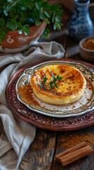 Pastel de nata Portuguese egg custard tart and Pistachio Croissant on Plate in Budapest, Hungary. AI generated illustration