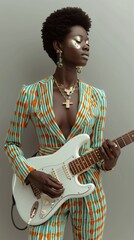 Young black woman wearing colorful clothes and gold jewelry is holding a white electric guitar in her hands. She is playing music with musical instrument.. African american musician