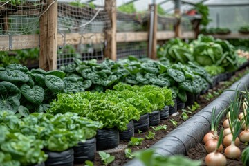 A vegetable garden with green vegetables and onion plants growing in rows.