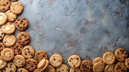 Row of freshly baked Cookies with Chocolate Drops on Stone background with Copy Space. Delicious and Inviting Design Perfect for Culinary Themes and Dessert Displays
