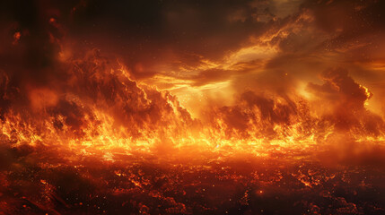 Flames dance wildly in the darkness, consuming all in their path. The night sky glows with an eerie orange hue as the blazing inferno rages on.