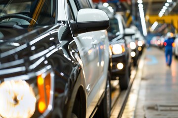 Fototapeta premium Automobiles on Assembly Line in Factory