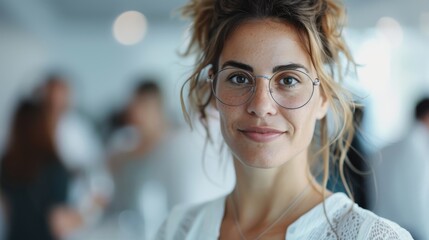 A woman with curly hair and glasses smiling warmly at a business gathering, showcasing approachability, professionalism, and sociability, with others blurred in the background.