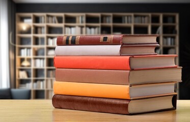 stack of reading books at library background