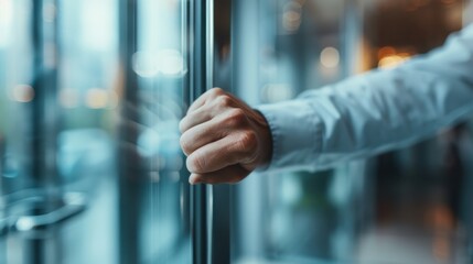 A close-up of a hand firmly gripping the handle of a glass door, set in a modern interior environment with gentle lighting, depicting an action moment.