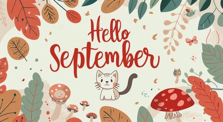 Hello September Cat Illustration