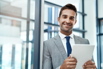 Fototapeta premium Portrait, smile and tablet with business man in office for corporate administration, planning or research. App, email and website with face of happy employee in professional workplace for information