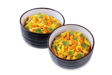 Cabbage and carrots thoran in a bowl on a white isolated background