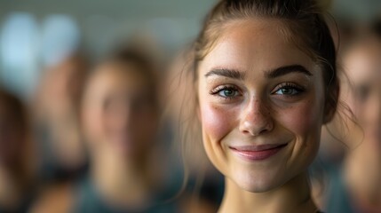 A close-up portrait of a smiling woman with bright blue eyes in a well-lit indoor space, surrounded by a blurred group of people in the background, exuding warmth and joy.